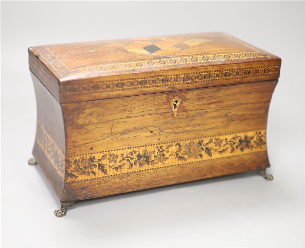 A Regency rosewood and Tunbridge ware inlaid tea caddy, length 22cm (locked)